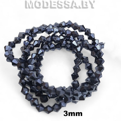 Бусины на нити стекл. 3мм Ц:Т.Синий