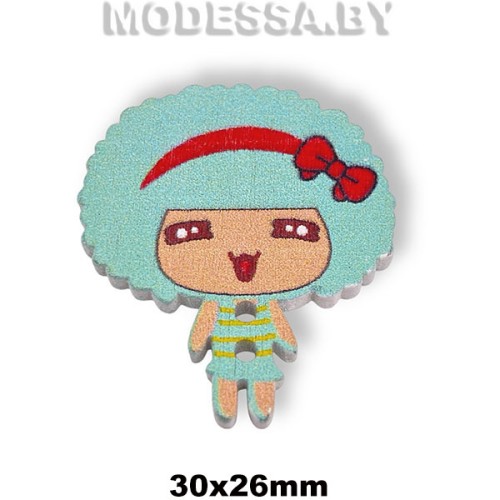 104Е-TH украшение деревянное девочка Бирюза 30х26мм