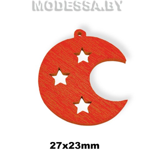 Украшение декор. дерев. Луна ц: Красный 27х23мм